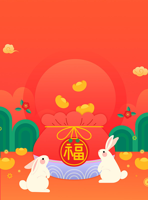 2023年兔年福兔迎春新年红色福袋插画下载