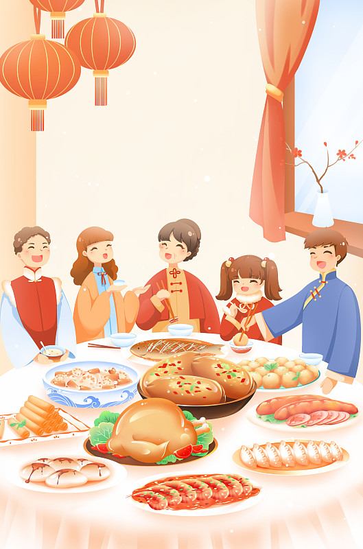 大年三十吃年夜饭——卡通手绘年俗系列插画下载