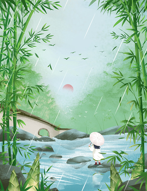 二十四节气之雨水竹林溪水插画下载