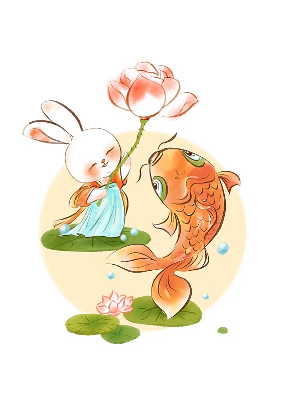古风兔子鲤鱼荷花插画兔年传统中国风水墨画下载