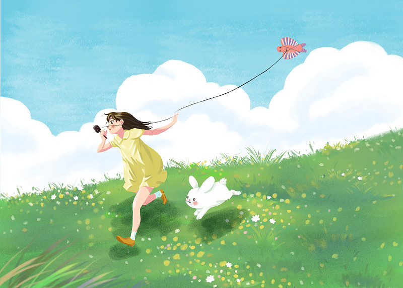 春天放风筝的女孩清新插画海报下载