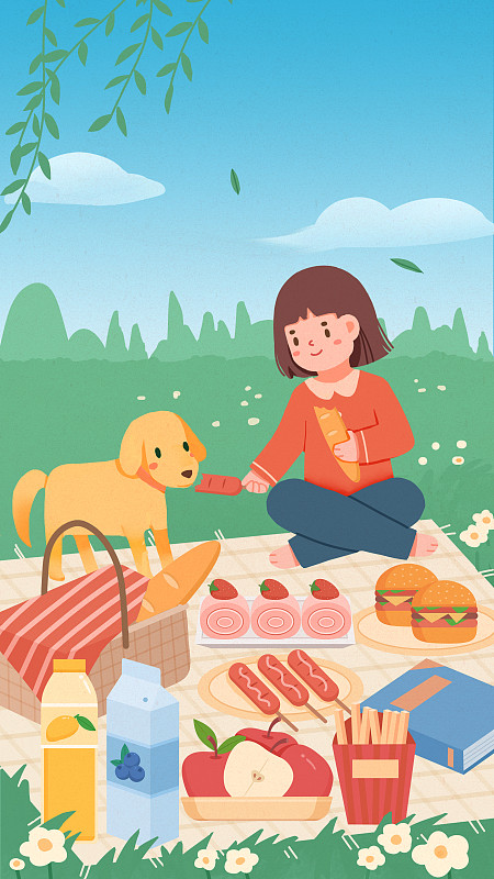 清明节女孩与狗狗踏青野餐吃面包烤肠鸡腿薯条汉堡包图片下载