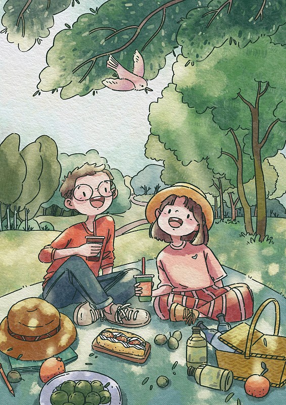 春天野餐可爱卡通插画下载