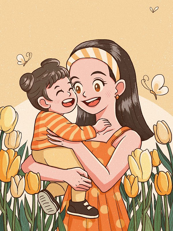 母亲节母女妈妈抱着孩子郁金香花插画下载