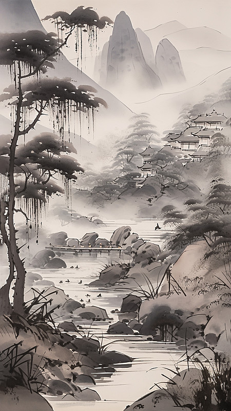 中国传统山水画，水墨写意国画，山石溪水树木古建筑图片下载