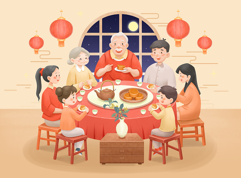 中秋节一家人一起聚餐喝茶吃月饼图片下载