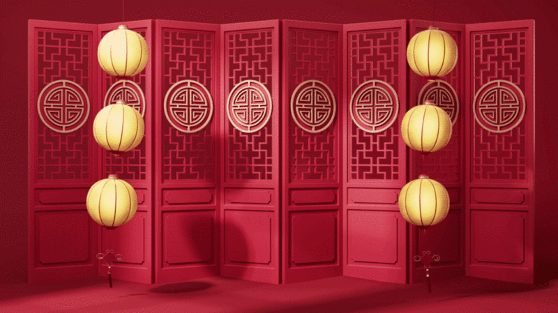 中国风古风门与灯笼3D渲染图片下载
