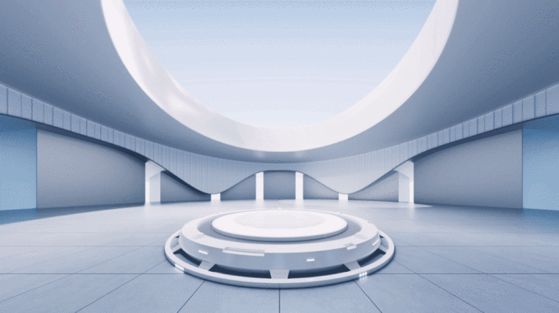 圆形建筑与室内科技展示台3D渲染插画下载