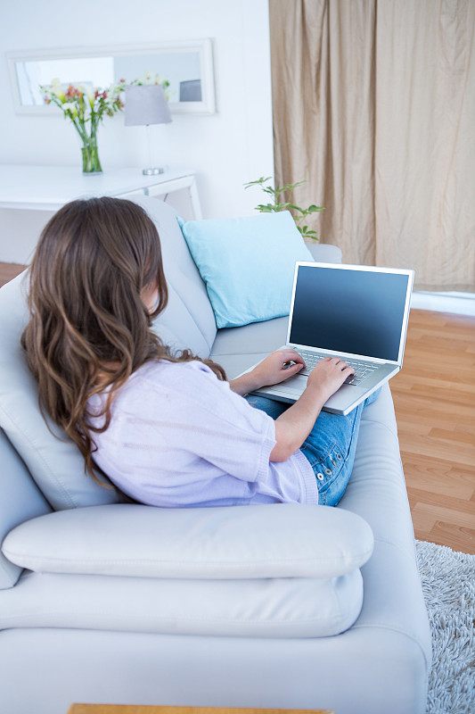 一个漂亮的黑发女人在客厅的沙发上用她的笔记本电脑图片下载