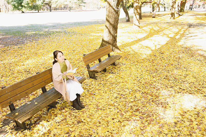 一位日本老妇人坐在长椅上，手里拿着一本书图片下载
