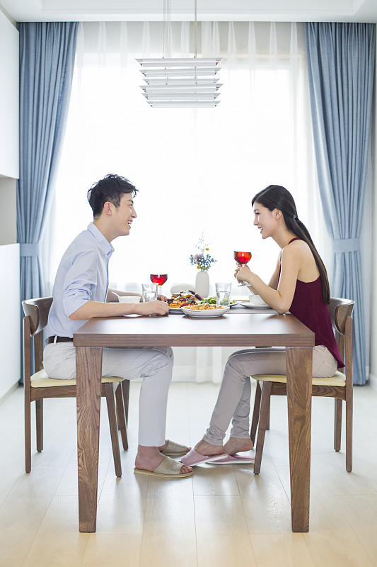 年轻夫妇在家喝红酒吃午餐图片下载