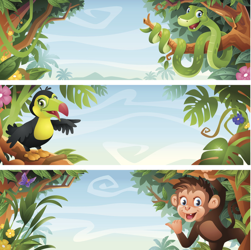 矢量丛林旗帜与野生动物蛇，Tucan和猴子图片下载