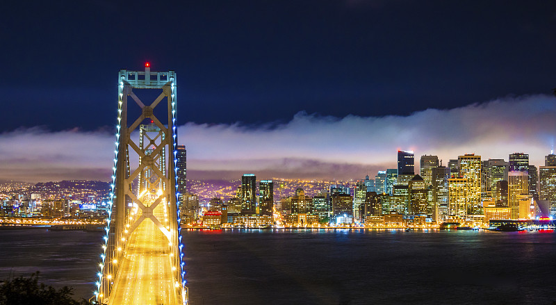 旧金山的天际线全景图和奥克兰海湾大桥的夜晚图片下载