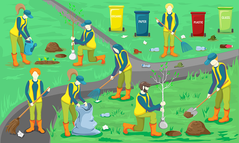 青年志愿者在城市公园清扫、清理垃圾、植树、浇苗。生态的生活方式。矢量平面插图。人们关心地球和环境图片下载