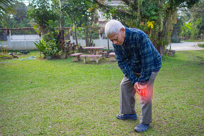 一位老人在花园里遭受膝盖疼痛。医疗保健的概念。图片素材