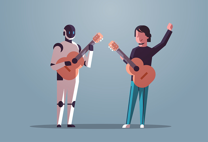 机器人音乐家与人吉他手演奏原声吉他机器人vs人类站在一起人工智能技术概念平全长水平图片下载