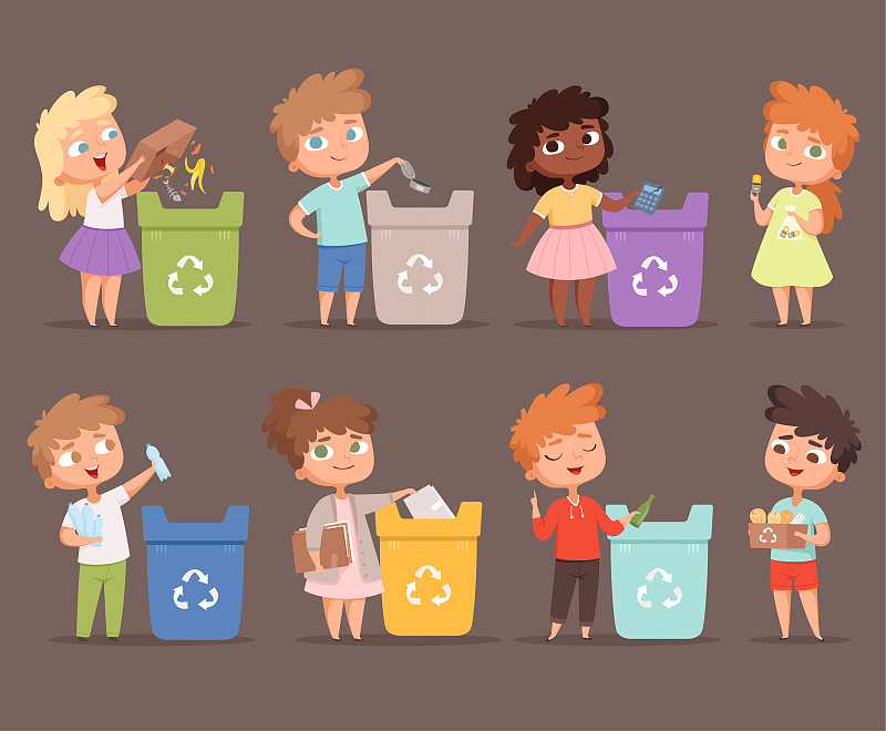 垃圾回收。孩子们保护环境生态理念，拯救自然，在垃圾桶里捡纸传人图片下载