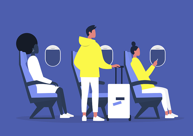 一群形形色色的年轻乘客在飞机内坐立，畅行遐想图片下载