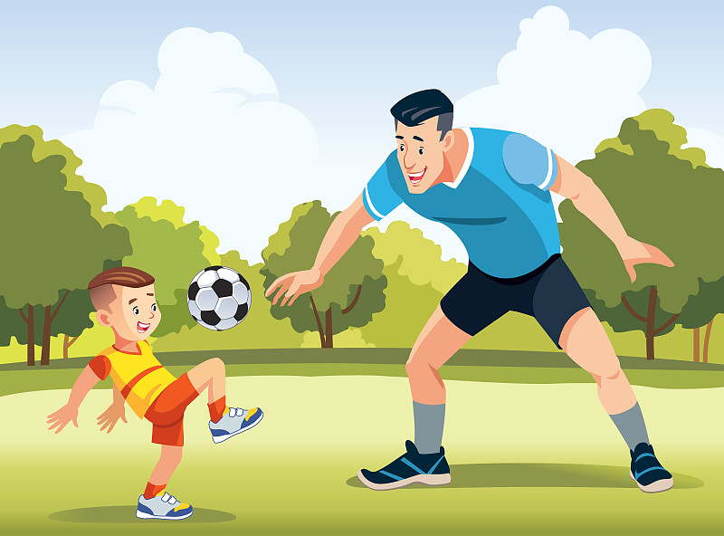 年轻的父亲和他的小儿子在足球场上踢足球在白天。友好家庭的概念。祝您父亲节快乐。矢量插图。图片下载