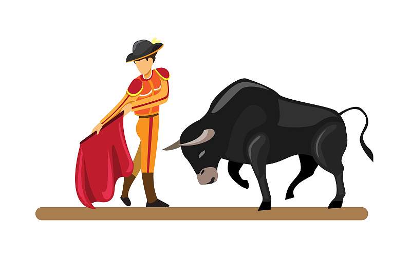 西班牙传统吸引力公牛和斗牛士在卡通平面插图矢量孤立在白色背景图片