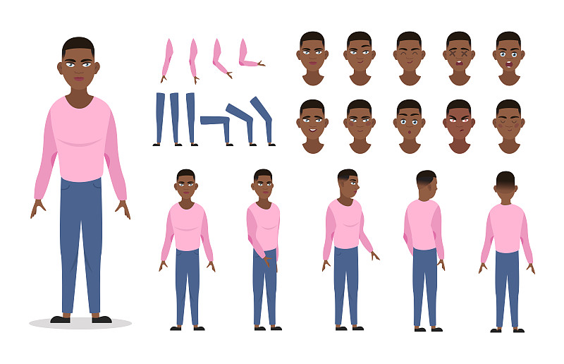 人的性格构造动画与各种观点，姿态，手势，情绪。卡通的非裔美国人图片素材