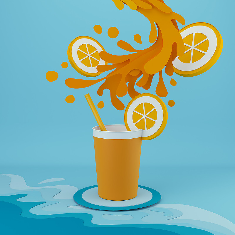 带喷溅的橙汁纸画。图片素材