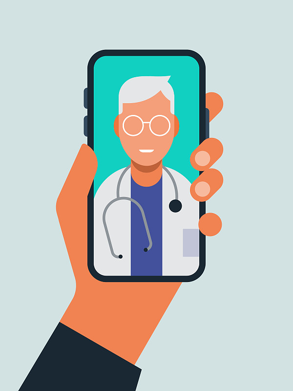 插图手持智能手机与医生在屏幕上远程医疗医生访问图片素材