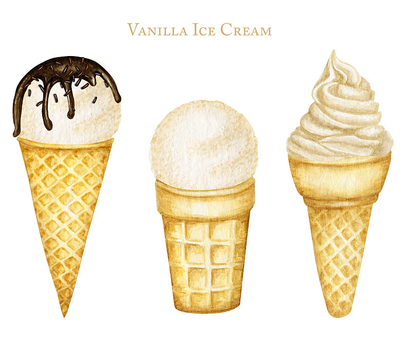 各种香草冰淇淋球装饰巧克力华夫蛋筒。水彩插图孤立的白色背景图片下载