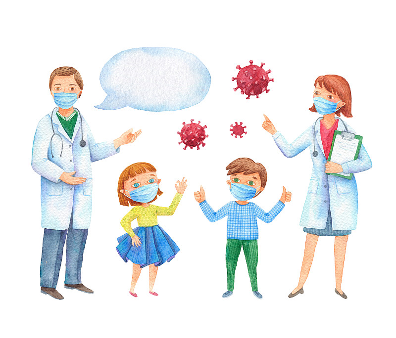 一个医生和孩子在面具的水彩插图。防止冠状病毒。可爱的儿童插图医生和一个孩子。在大流行期间提供信息的横幅。图片下载