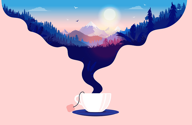 早茶——一杯蒸汽茶伴着日出形成一道美丽的风景线图片下载
