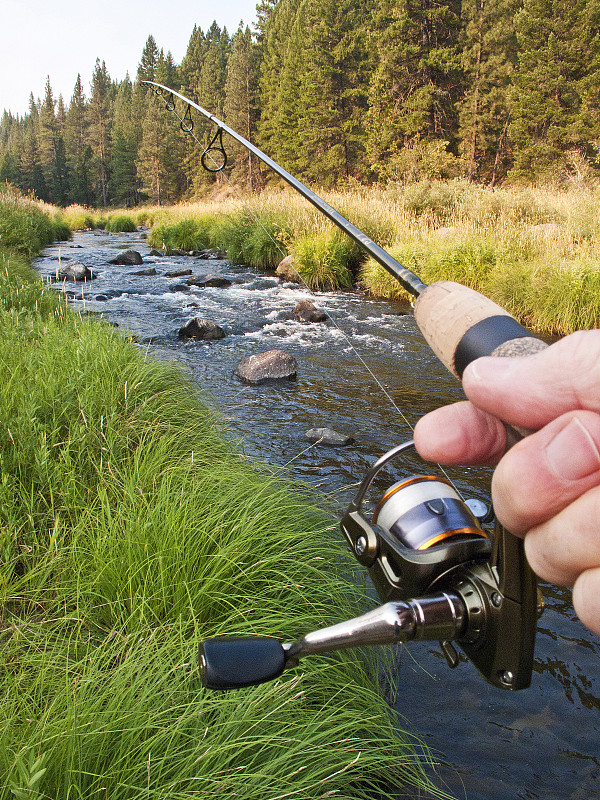 一个人的手握旋转钓鱼杆在羽毛河在格里尔格尔加州的特写图片下载
