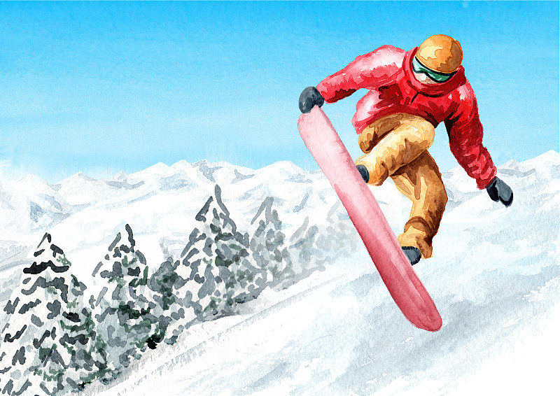 年轻的滑雪板从雪山滑雪场滑雪板跳跃，冬季娱乐和度假概念，手绘水彩插图和背景与复制空间图片素材