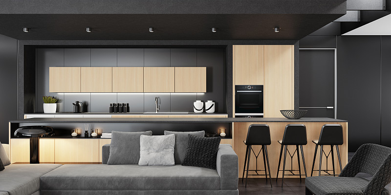 豪华的黑色和浅色木材室内客厅与现代极简主义意大利风格的开放式空间厨房与大长厨房岛。图片下载