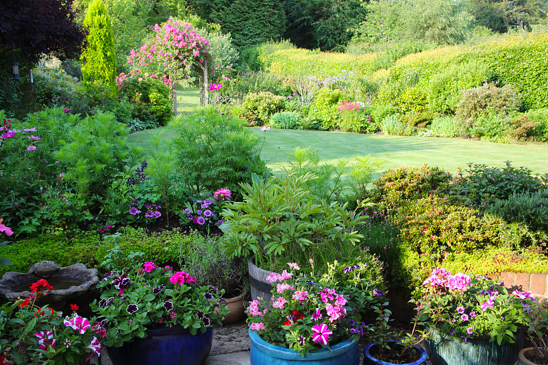 和煦的晨光洒在英国家庭花园上。图片下载