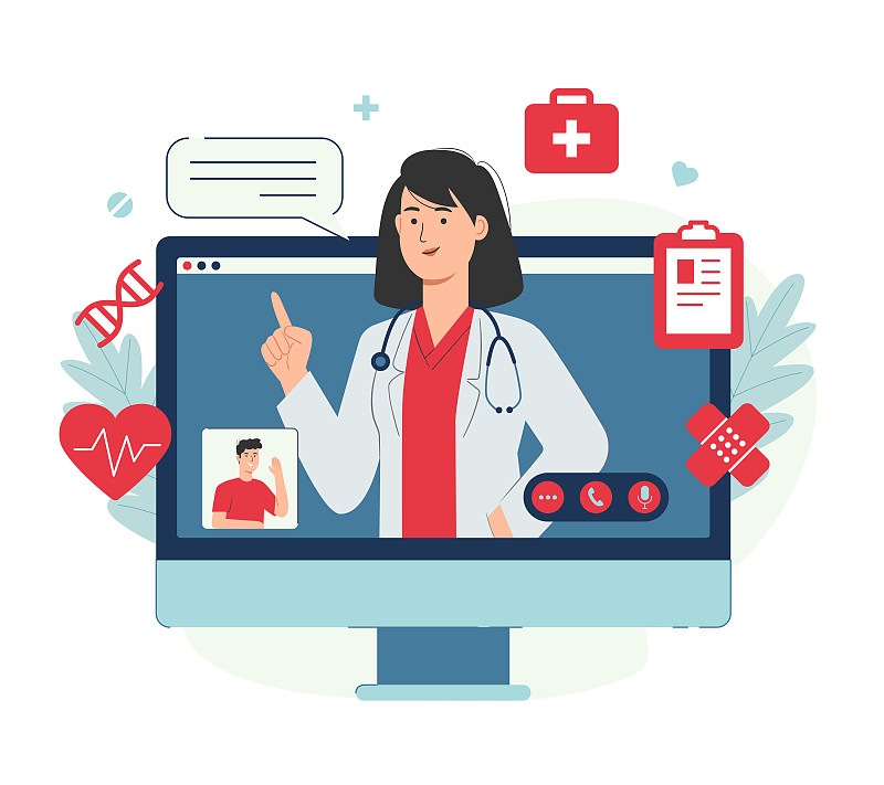 病人和女医生在电脑屏幕上提供在线医疗建议或咨询服务图片下载