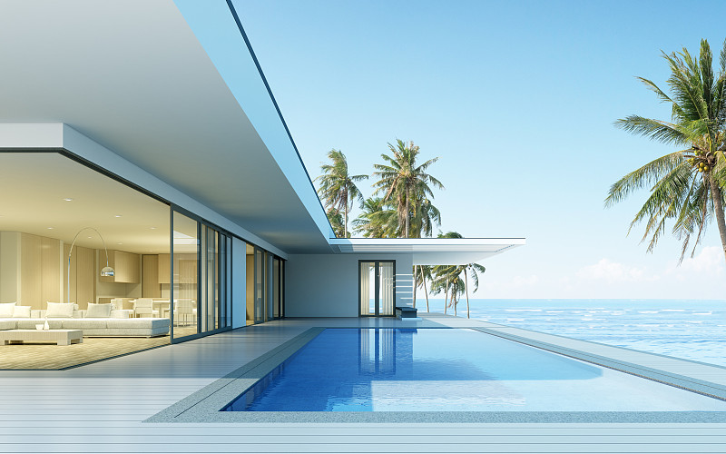 以大海为背景的现代住宅透视，外部。3d渲染图片素材