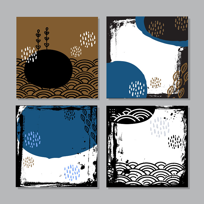 卡片横幅设计收集日本涂鸦斯堪的纳维亚风格白色灰色蓝色棕色黑色垃圾背景。简单的点缀是本季的潮流。摘要模板框架的文本复制空间。Vecto图片下载