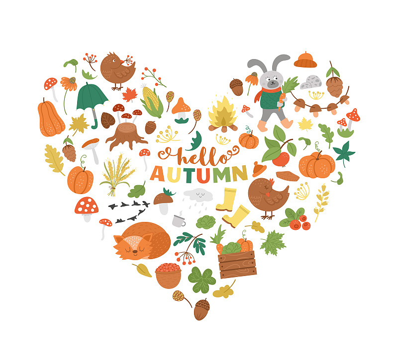矢量秋天心形框架与动物，植物，树叶，钟，南瓜孤立在白色的背景。有趣的秋季设计横幅，海报，邀请。可爱的卡片模板图片下载