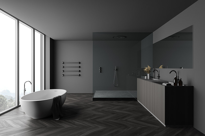 灰色浴室，浴缸，淋浴和水槽图片素材
