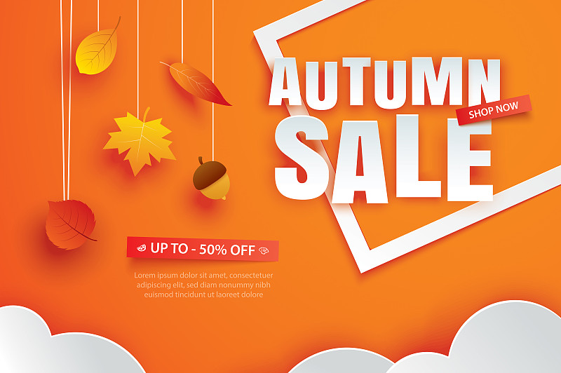 Autumn sale with leaves in paper art style on orange background.图片素材