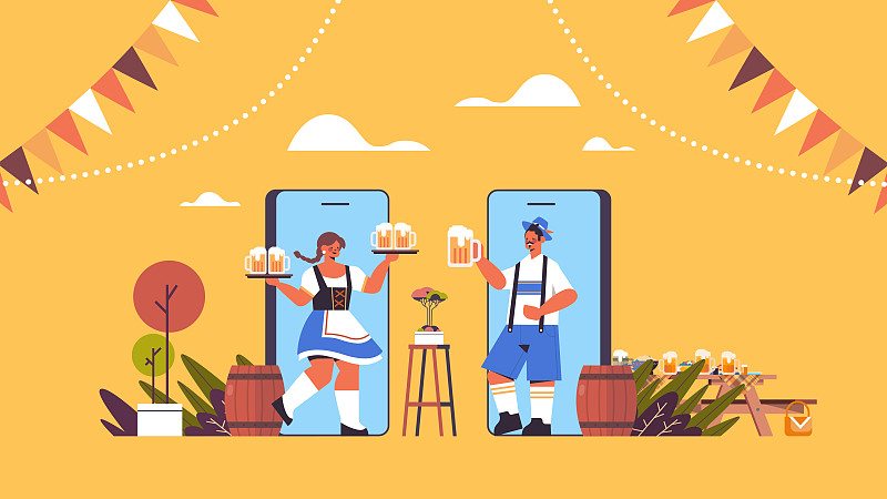 智能手机屏幕上的男人女人拿着啤酒杯啤酒节派对庆祝自我隔离的概念图片下载