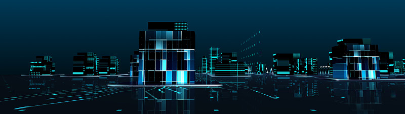 3D渲染未来城市霓虹灯场景。城市景观灯光照亮未来的城市和技术全景背景。图片下载