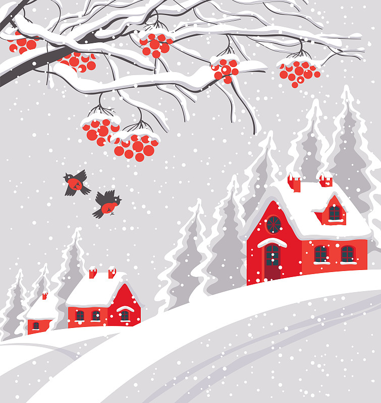卡通风格的冬日雪村景观图片素材