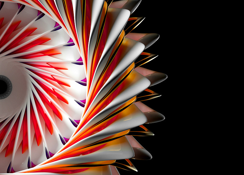 3d渲染的抽象艺术3d背景与部分超现实的外星太阳花或涡轮发动机基于曲线螺旋叶片在白色陶瓷和红橙色和紫色金属上的黑色图片素材