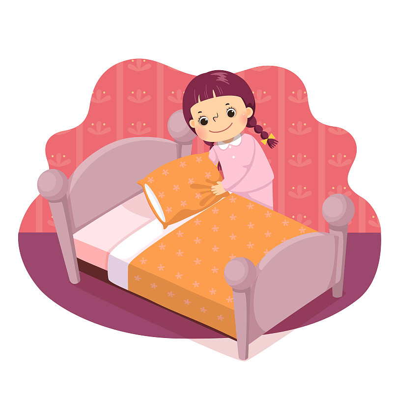 一个小女孩整理床铺的矢量插图卡通孩子在家做家务的概念插画下载
