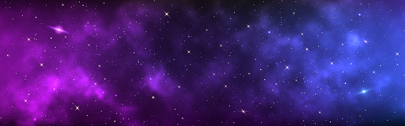 空间背景宽。现实的宇宙和闪亮的星星。长横幅星空银河。神奇的星尘星系。颜色宇宙和紫色星云。矢量图下载