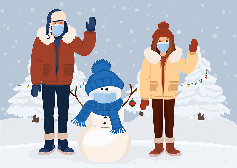 圣诞快乐，恭贺新禧。男性和女性佩戴医用口罩预防新冠病毒。雪景背景上的雪人。矢量插图。图片下载