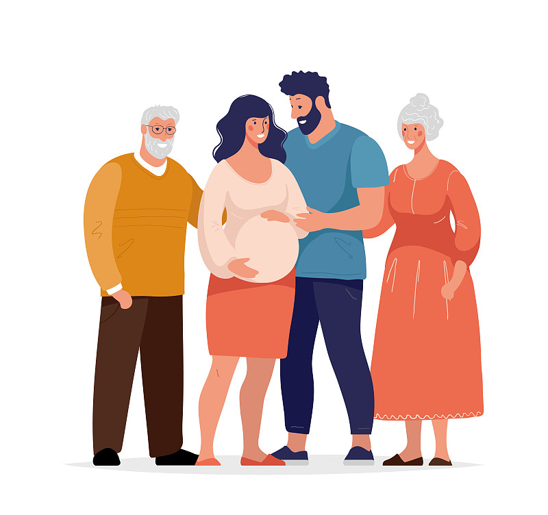 幸福的大家庭，几代人，爷爷奶奶，一个孕妇和她的丈夫。平面矢量插图孤立在白色背景。图片素材