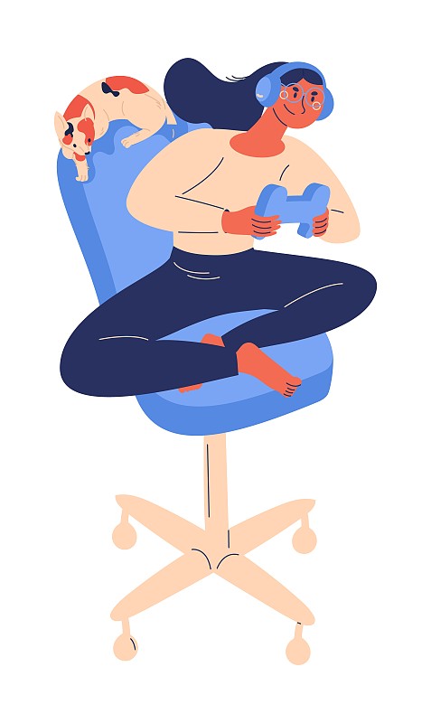 年轻女子坐在椅子上玩控制器。电子游戏概念人物在耳机与猫隔离白色图片下载