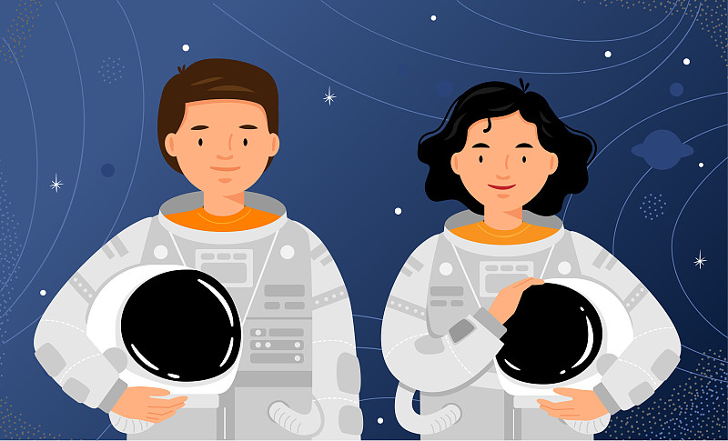 两名宇航员站在星空背景上。男女宇航员肖像。图片下载